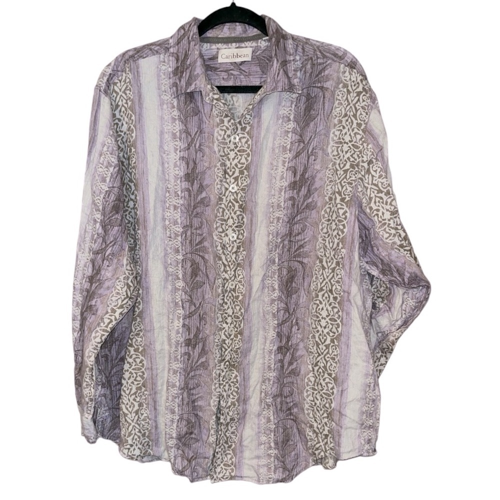 Caribbean women’s XL button down linen roll tab sleeve lagenlook beach coastal